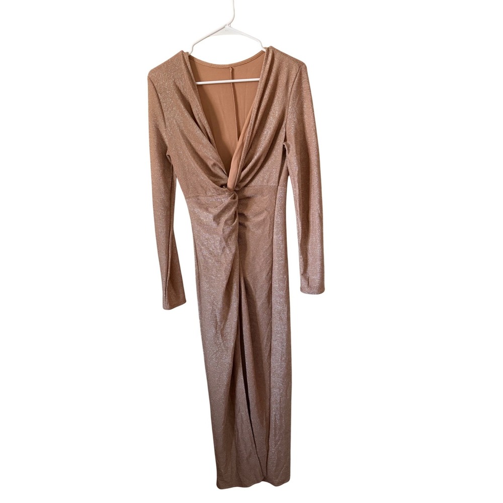 Shein Rose Gold Metallic Twist Front Deep V-Neck Long Sleeve Maxi Size M Dress
